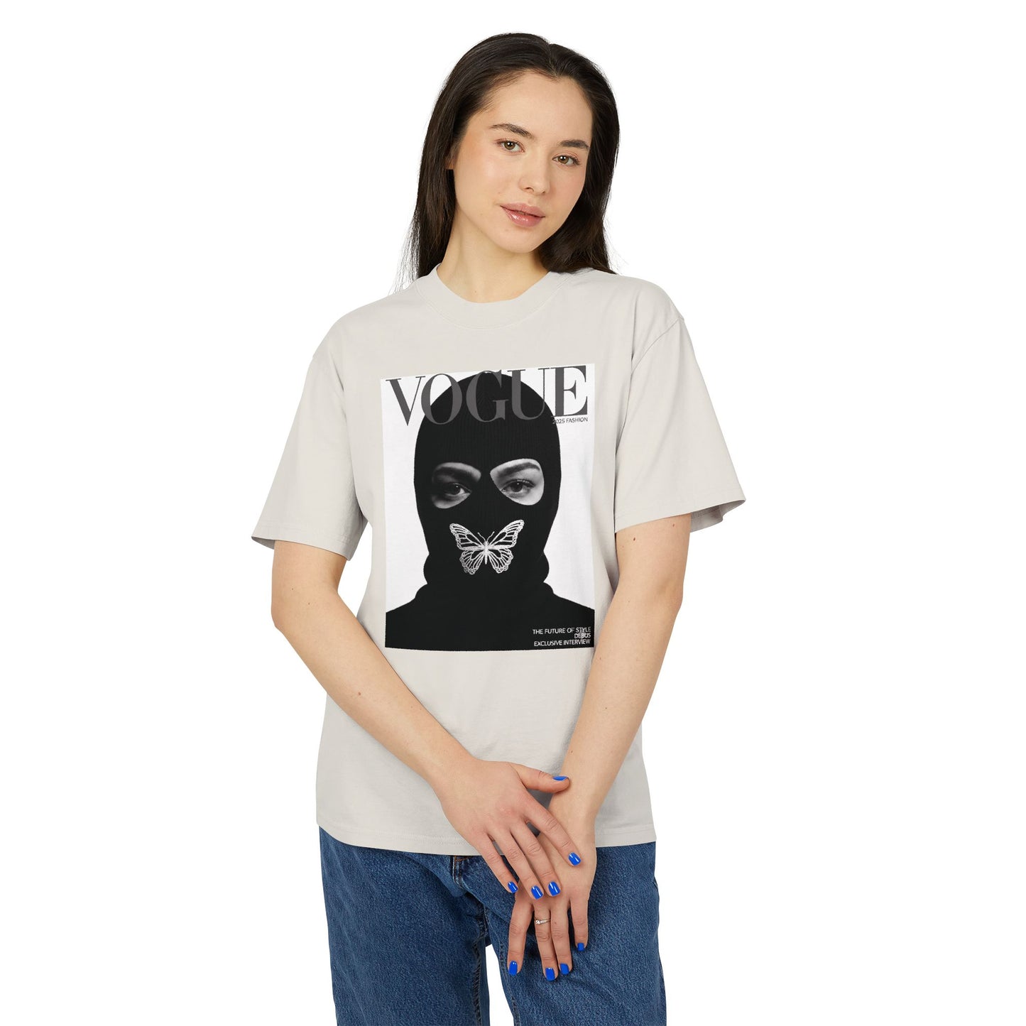 Vogue Balaclava Masked Face T-Shirt — Butterfly Graphic Fashion Tee